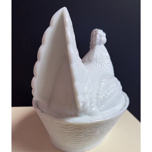 Vtg Mid Century Milk Glass Chicken on Basket Egg Holder - Picture 3 of 4